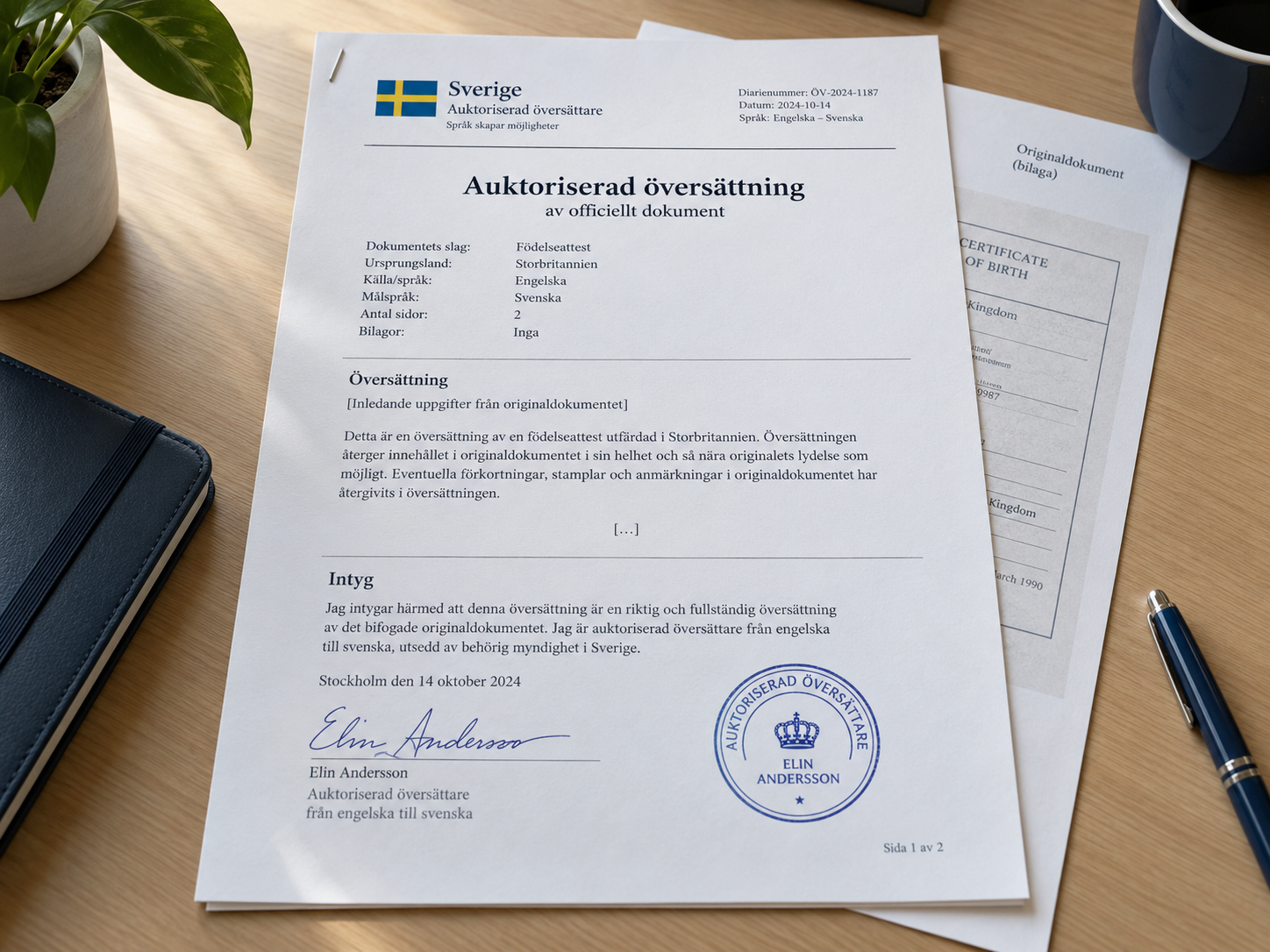 Exempel på ett auktoriserat översatt dokument.